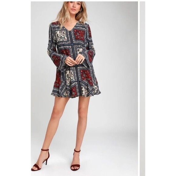 Lulus Women’s Crack A Smile Cream And Plum Multi Print Shift Dress Small - Picture 3 of 13